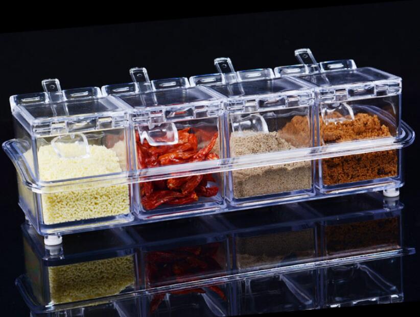 Clear Seasoning Box,V-Resourcing 4 Pieces Clear Seasoning Storage Container  for Spice Salt Sugar Cruet,Condiment Jars with Spoons 